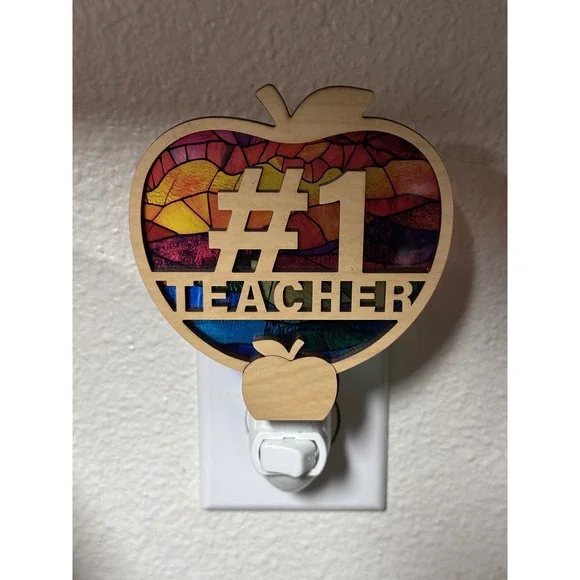 Number 1 Teacher Apple Night Light Stained Glass Effect Wood Decor Handcrafted - Picture 4 of 10